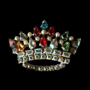 Vintage Crown Mother's Pin with Jewel-Toned Rhinestones and Faux Pearls